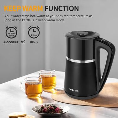 Електричний чайник Aigostar Alva з регулюванням температури 40°C-100°C, 1.7 л, подвійні стінки, Cool Touch, LED дисплей, тихий, бездротовий, з функцією підтримання тепла, 2200W, BPA Free, чорний
