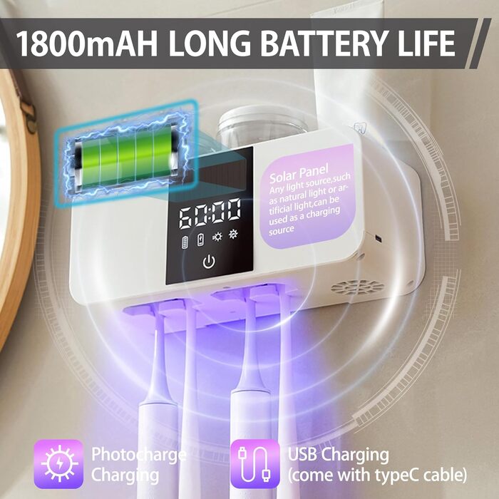 Toothbrush Cleaner and Wall-Mounted Toothbrush Holder, Cleaning and Air-Drying, LED Smart Display and Timer Function, Rechargeable, Wireless, Toothbrush Holder for Bathroom (White/Opulent Garden)