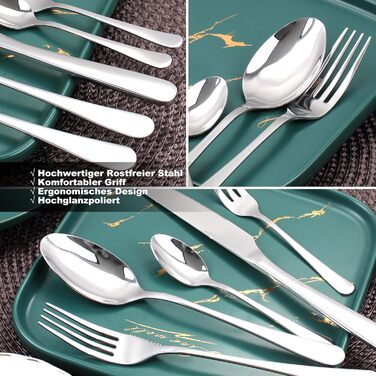 Набір столових приборів на 6 осіб, Targzier, 36 предметів, нержавіюча сталь, з ножем для стейку, для сім'ї/вечірки/готелю, чорний, придатний для миття в посудомийній машині