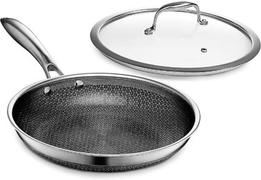 HexClad Hybrid Nonstick Skillet, 25cm with Tempered Glass Lid - Oven & Dishwasher Safe, Induction Compatible