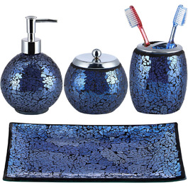 4-Piece Mosaic Glass Bathroom Accessory Set, Modern Luxury Bathroom Ensemble, including Soap Dispenser, Cotton Swab Holder, Toothbrush Holder, Vanity Tray (Glossy Blue)