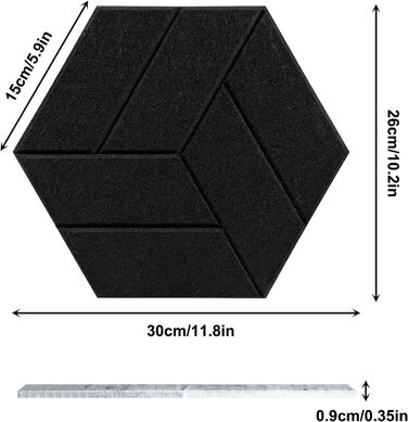 Акустичні гексагональні панелі з шумопоглинаючого поролону, самоклеючі шестикутні панелі для звукоізоляції студії, офісу та ігрової кімнати, 30x26x0.9 см, чорні (12 шт)