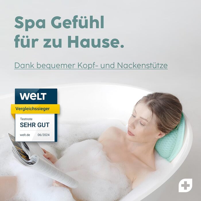 Vesta+ L Bath Pillow with Suction Cups - Tested Winner - Neck & Back Support for Bathtub - Non-Slip Bath Cushion for Bathtub & Shower (Mint)