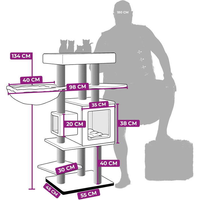 Котячий комплекс Petrebels Cleopatra, 134 см, з лежаком та котячою печерою, діаметр стовпів 9 см, бежевий/кремовий