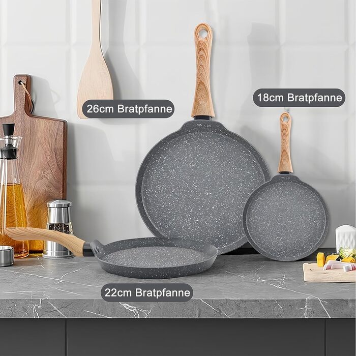 Набір сковорідок Maxspace 3 шт. з антипригарним покриттям, індукційне дно 18, 22, 26 см, для всіх плит (сірий)