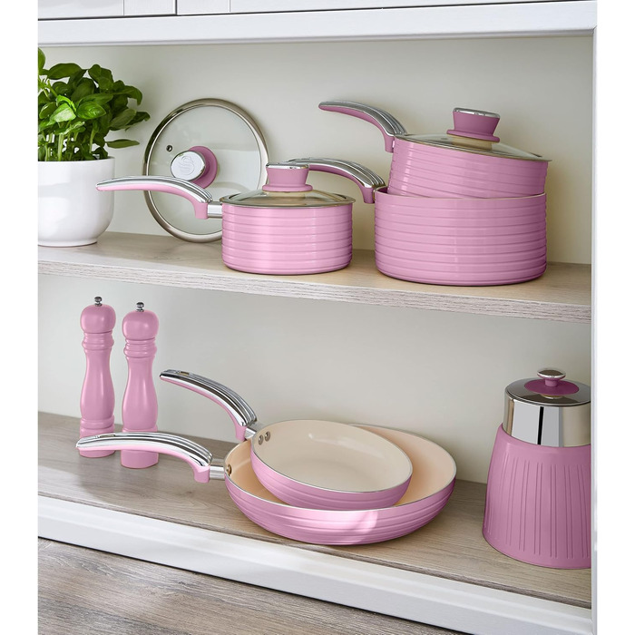 Swan 5-Piece Frying Pan Set, Retro Design, Aluminum, 29.5x47x18 cm (Rose)