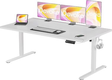 Devoko Adjustable Height Desk, Electric Standing Desk with Desktop - 73-118cm, 2 Memory Settings, Office Desk, Collision Detection (White, 160x60cm)