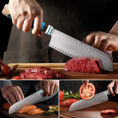 Професійний ніж для кухні oFuun, кухонний ніж з дамаської сталі, 20 см, 67 шарів, ергономічна ручка (Guyto+santoku+універсальний ніж)