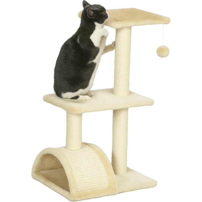 Кігтеточка PawHut для котів, 52 см, з 2 рівнями, з іграшкою-м'ячиком, сізал, кремово-білий, 40x35x72 см