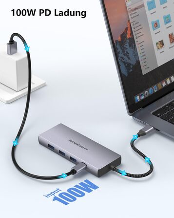 Док-станція для ноутбука Newmight з двома HDMI, підтримка 2 моніторів 4K, Ethernet 1 Gbps, PD 100W, 3 USB 3.0, SD/TF Reader, USB-C, сірий (HP/Dell)