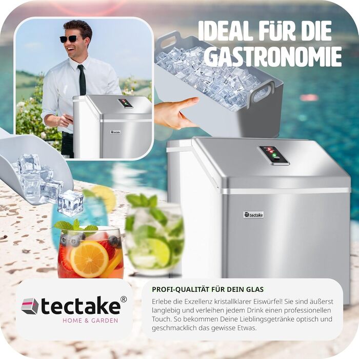 TecTake Professional Ice Cube Machine, Ice Cube Maker for Clear Ice Cubes, Ice Cube Maker, 13 Kg 24 h, 2.2 Liter Water Tank, 24 Ice Cubes per Cycle, incl. Ice Bucket and Ice Scoop - Silver