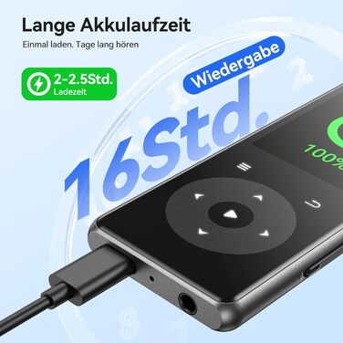 MP3 плеєр AGPTEK з Bluetooth, 1.8-дюймовий дисплей, вбудований динамік, FM-радіо, HiFi звук, підтримка карт пам'яті до 128 ГБ (Чорний)