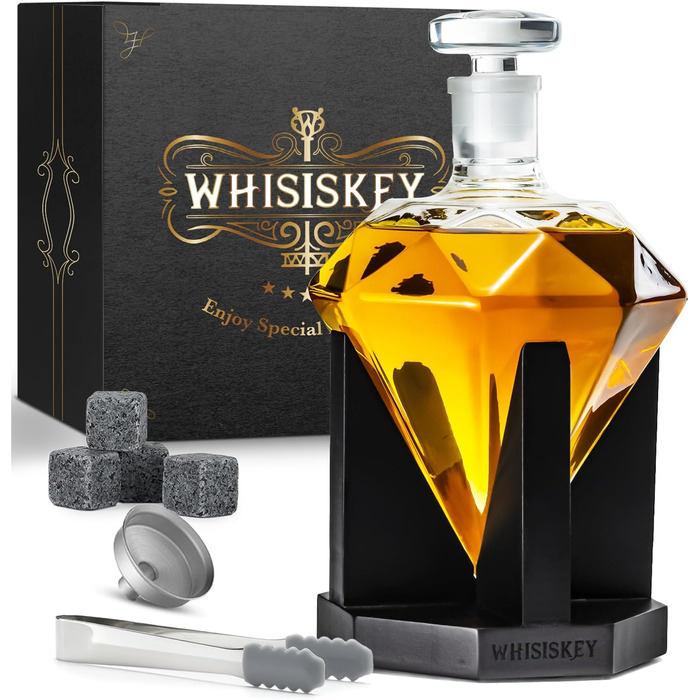 WHISISKEY Whiskey Carafe Set - Whiskey Gift Set - Gifts for Men - Men's Gifts Gift - Birthday Gift for Men - Diamond Decanter 700ML, Gift Box, 4 Whiskey Stones