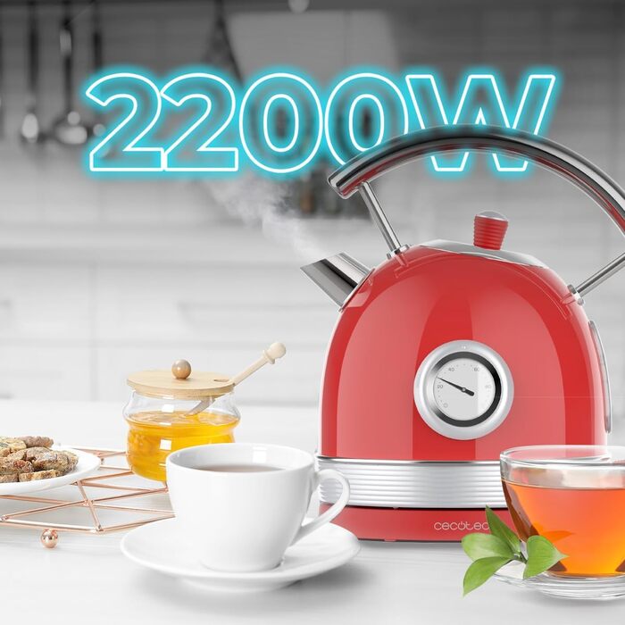 Cecotec Thermosense 420 Vintage Red Stainless Steel Kettle - 1.8L, 2200W, Temperature Display, 8 Cups