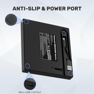Зовнішній CD/DVD привід UNITEK USB-C/USB 3.0 з картридером SD та USB-хабом, портативний DVD-плеєр та записувач CD-ROM для ноутбука, ПК, Windows, Linux, macOS, чорний