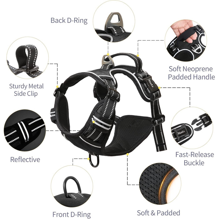 Шлейка для собак HEELE, No-Pull, для середніх собак, м'яка, дихаюча, регульована, світловідбиваюча, з м'яким ручним захопленням, чорна, розмір L