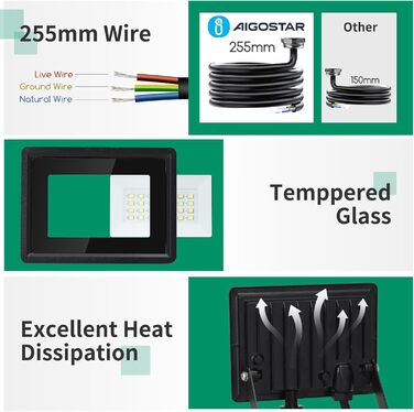Aigostar 20W LED Floodlight with Motion Sensor Outdoor, 1650LM 6500K Cool White Outdoor Floodlight, IP65 Waterproof Spotlight, Outdoor Light for Garden, Courtyards, Garage, Hotel, 2PC (20W)