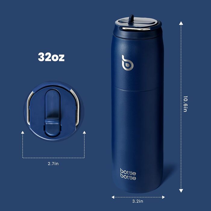 bottlebottle BOTTLE Insulated Water Bottle Stainless Steel 32oz (946ml) with Straw Handle for Sports, Travel, Gym, Double-Walled Leak-Proof, BPA-Free (Indigoblue)