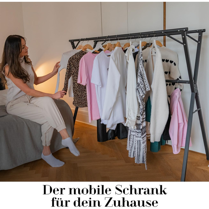 Clothes Rack / Laundry Rack + Bag Moritz [Extendable 1.30-2.0m, foldable, very stable stainless steel] Clothes Rail, Coat Rack, Entrance Hall Wardrobe, Open Wardrobe (Black, with hooks / with bag / with wheels)
