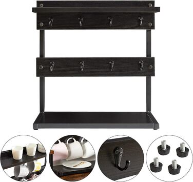 Vintage Mug Holder with 8 Hooks, Coffee Cup Holder for Kitchen Countertop, Cup Rack with Storage Base, for Kitchen Dining Room Cafe 40 x 15 x 40 cm, TBJ002H (with Shelf, Black)