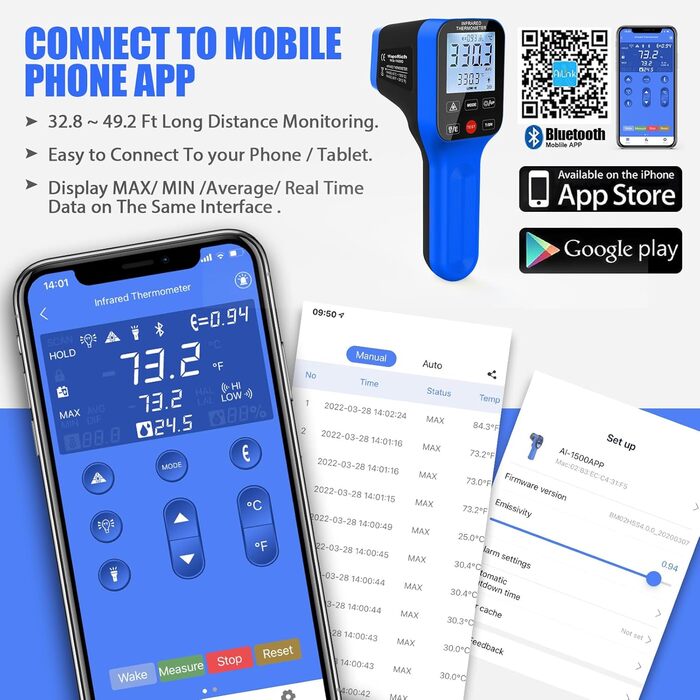 Інфрачервоний термометр AIOMEST з логуванням даних через APP, промисловий IR пірометр 1600°C | Оптика 30:1 з подвійним лазером | Температурна пістолета для вимірювання температури для HVAC, промислових печей, кузень та піци | Bluetooth-з'єднання