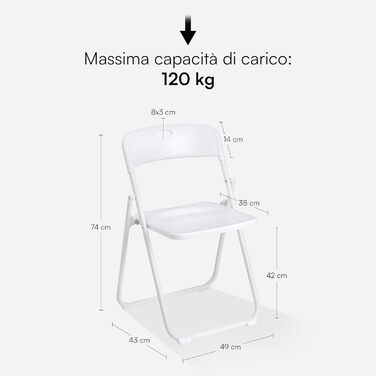 Baroni Home Folding Chair with PVC and Steel Frame, Space-Saving Foldable Seat with Feet and Handle, Outdoor Chair, Kitchen, Living Room, Travel, 74x43x49 cm, Pieces, (8, White)