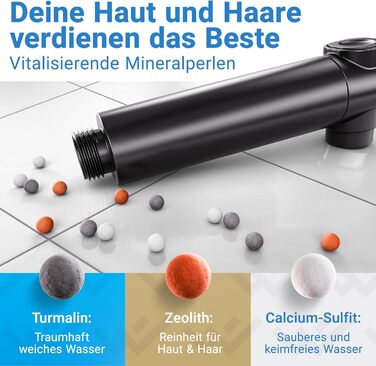 LOVENSWORK Shower Head with Filter [3 Modes - incl. Booster] Water-saving shower head with mineral pearls | Handheld shower, shower head, shower in black incl. tool, replacement pearls & stainless steel plate
