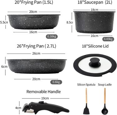 Набір посуду BOREINE 14 предметів: каструлі та сковороди з антипригарним гранітним покриттям (PFOA-free), знімні ручки, для всіх типів плит (індукція, склокераміка, газ, духовка), коричневий