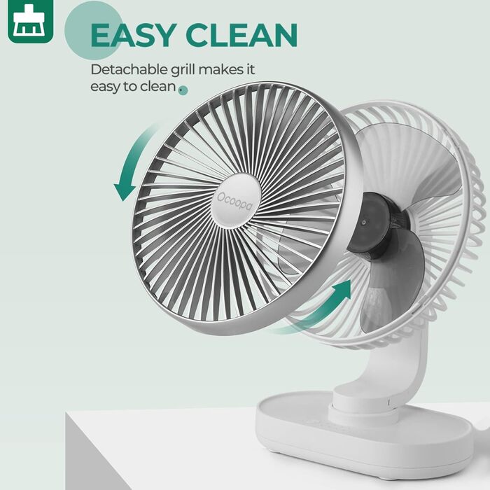 Портативний USB вентилятор OCOOPA Rotateair 6.5'' з акумулятором 4000mAh, 4 швидкості, тихий (30dB), для дому, офісу, кемпінгу, сріблястий
