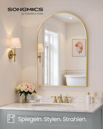 Дзеркало для ванної кімнати SONGMICS, настінне, з алюмінієвою рамою, 91 x 61 см, з захисною плівкою, 2 способи кріплення, для ванної, спальні, вітальні, LWM010BD01 (овальне, світло-золоте)