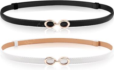 2 жіночі шкіряні ремені Skinny: тонкий, витончений, з золотою пряжкою для суконь та пальто (чорний+білий)