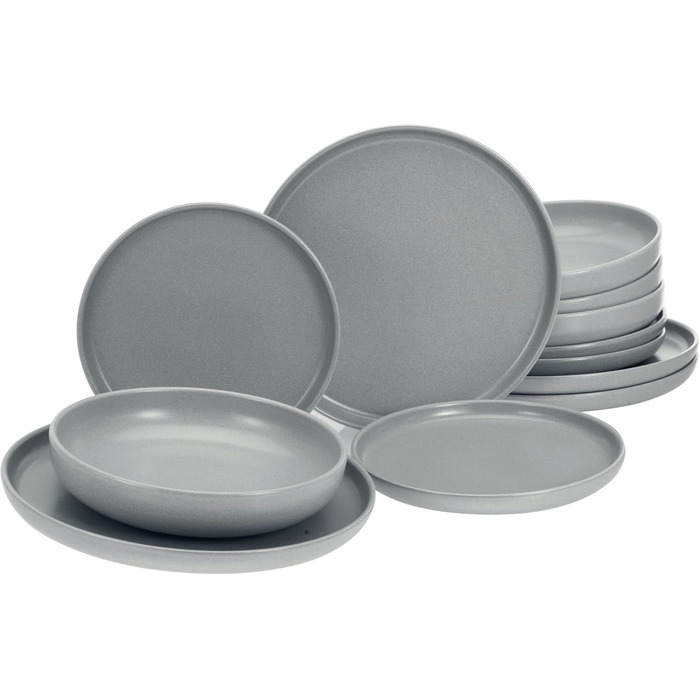 CreaTable Geschirrset Uno, 12-teilний сервіз для 4 осіб, керамічний, сірий, для дому, посудомийна машина, мікрохвильова піч, Made in Europe