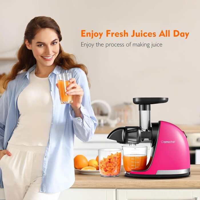 AMZCHEF Juicer for Vegetables and Fruits - Test Winner - Slow Juicer with Reverse-Mastication Function - Gentle Crushing without Filtering - Electric Juice Press with Brush and 2 Cups - Magenta