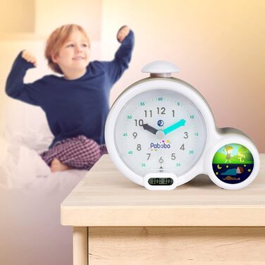 Pabobo Kid Sleep - Alarm Clock - Educational Children's Alarm Clock Day / Night Light - Dual Display and 3 Alarms to Choose From - Works on DC or Batteries – Grey