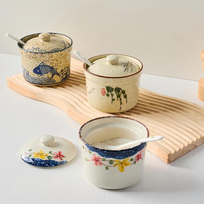 Керамічна цукерниця з ложкою, 430 мл, з кришкою та ложкою, для спецій, солі, кави, для кухні, дому, кав'ярні (Білий) (Рибка 300 мл)