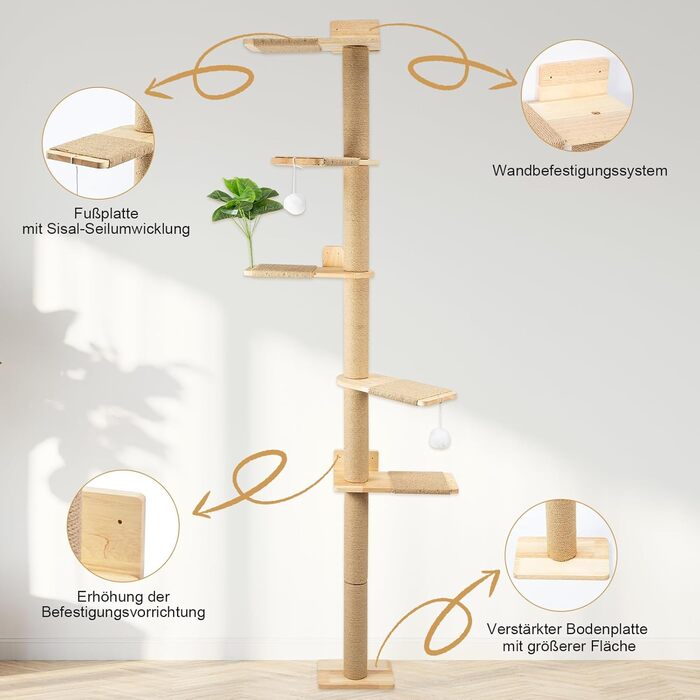 Кігтеточка-стійка для котів 206 см з натурального каучукового дерева, 5 ярусів, настінна, з широкою основою, плюшевими кульками, 360° обертання, XXL кігтеточка для котів для лазіння та дряпання