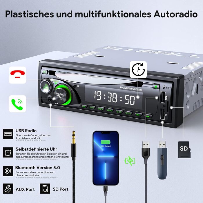 1DIN автомобільна магнітола 9-24V з CD/DVD, Bluetooth, RDS, FM/AM, MP3, 2 USB, SD, AUX, керування з керма, 7 кольорів, зелена