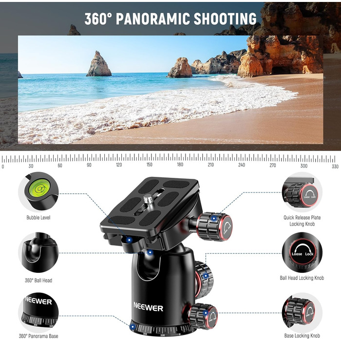 Штатив для камери NEEWER з моноподом, 72 дюйми, алюмінієвий, для DSLR/Camcorder, 360° кульковий шарнір, QR-платформа Arca, вантажопідйомність 15 кг, тканина для чищення