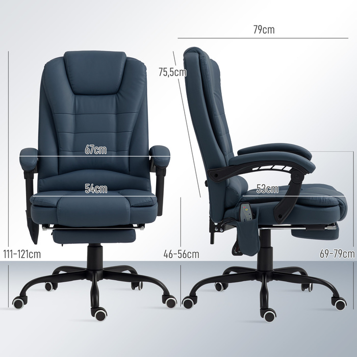 Vinsetto Massage Office Chair with 7 Vibration Points, Adjustable Footrest & Backrest, Up to 120 kg (265 lbs), Faux Leather, Blue
