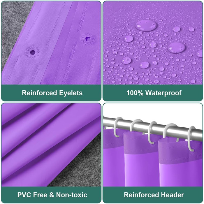 Шторка для душу URAQT, антигрибкова, водонепроникна, швидковисихаюча, 180x180 см, з 12 кільцями, для ванни, білий/базовий (фіолетовий)