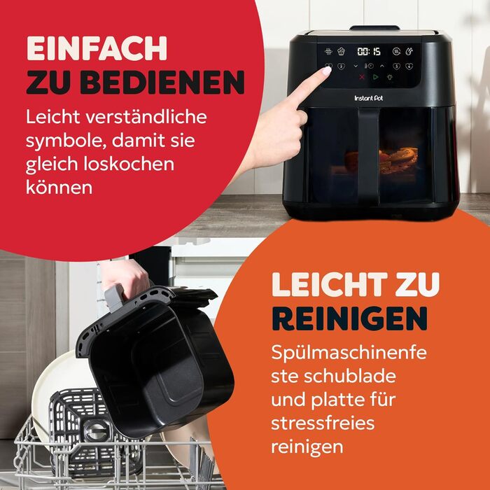 Фритюрниця повітряна Instant Pot Vortex Compact Trüffel Grau 5 л з сіткою, сімейна, 4-в-1: фритюрниця, сушарка, духовка, підігрівач, антипригарне покриття, легко мити, придатна для миття в посудомийній машині, колір Трюфель (5 л, чорний)