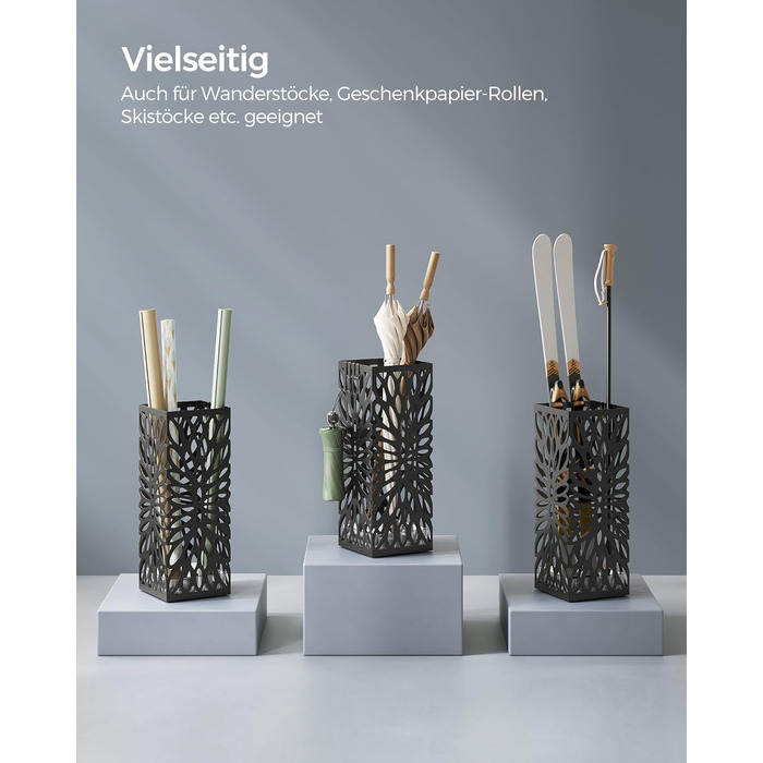 Стійка для парасоль та трекінгових палиць SONGMICS, чорна, металева, з піддоном для води, 4 гачки, 41 см