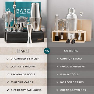Bare Barrel Pro Cocktail Set - 14-Piece Boston Shaker Bar Set with Stand & Recipe Cards - Jet Black & Silver