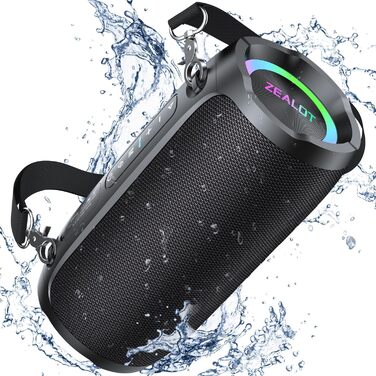 ZEALOT Bluetooth колонка 60W (70W пік) з підсвіткою, портативна, USB/Micro SD/AUX, Bluetooth 5.3, IPX6 водонепроникна, подвійне з'єднання, стереозвук для телефону, пляжу