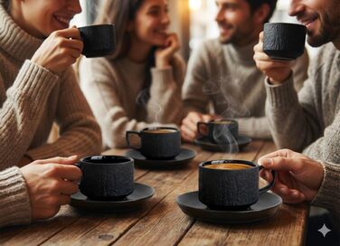 Набір з 4 чашки для еспресо Saumo з підставками, кераміка, 100 мл, чорний колір, сучасний дизайн. Ідеально для еспресо та кавових напоїв вдома, в офісі та на особливих заходах.