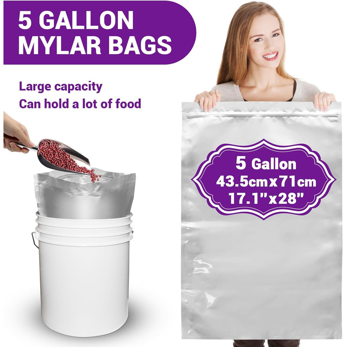 Mylar bags with oxygen absorbers for food, 43.5 x 71 cm, 25 x 35 cm, 1 Quart 15 x 22 cm, 8.6 Mil, Mylar bags with oxygen absorber 23000cc + Labels, vacuum sealer bags (50 pieces)