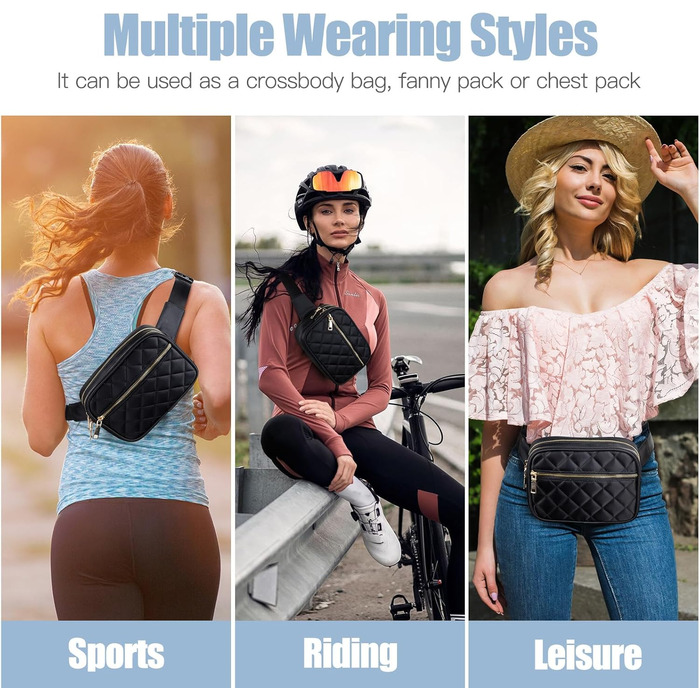 Жіноча бананка Jueachy, сумка через плече, поясна сумка, водонепроникна, чорна, ромбовий візерунок, 4 кишені на блискавці, для активного відпочинку, подорожей, фестивалів