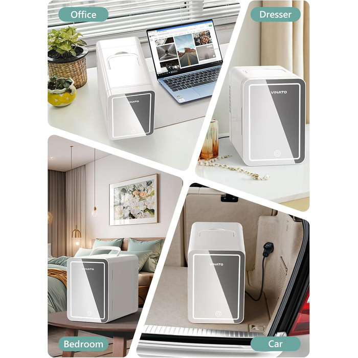 Міні-холодильник VINATO для косметики, 4L з LED-дзеркалом, 220V/12V, охолодження/нагрівання, для авто, офісу, спальні, гуртожитку