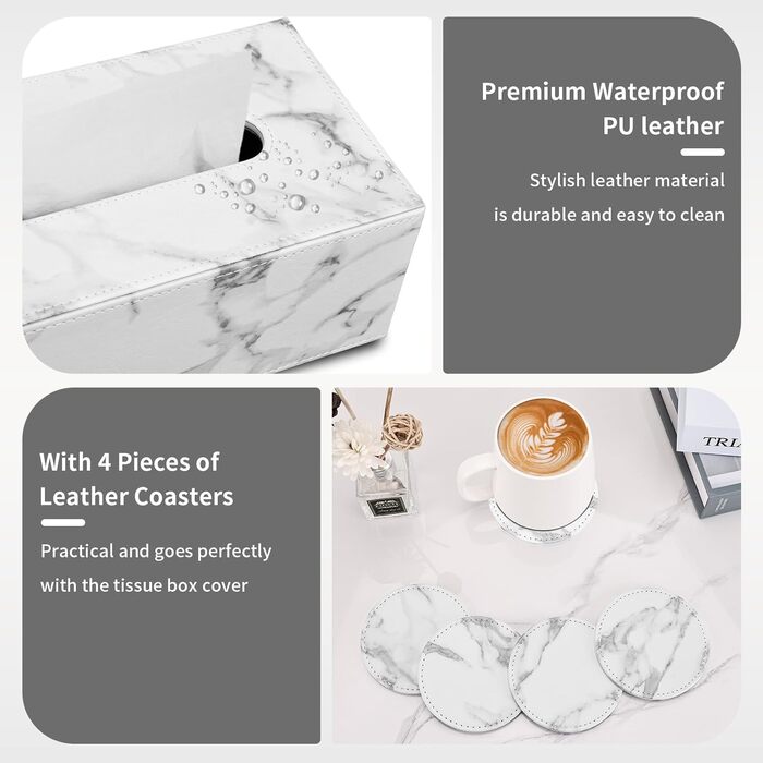 Скляниця для серветок з PU шкіри, 25x13,5x9,5 см, з 4 підставками (мрамор)