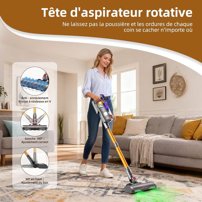 Бездротовий акумуляторний пилосос 58000Pa/550W з LED-дисплеєм та антизаплутувальною насадкою, об'єм 1.8L, для видалення шерсті тварин, килимів, твердих поверхонь та авто, колір золотий